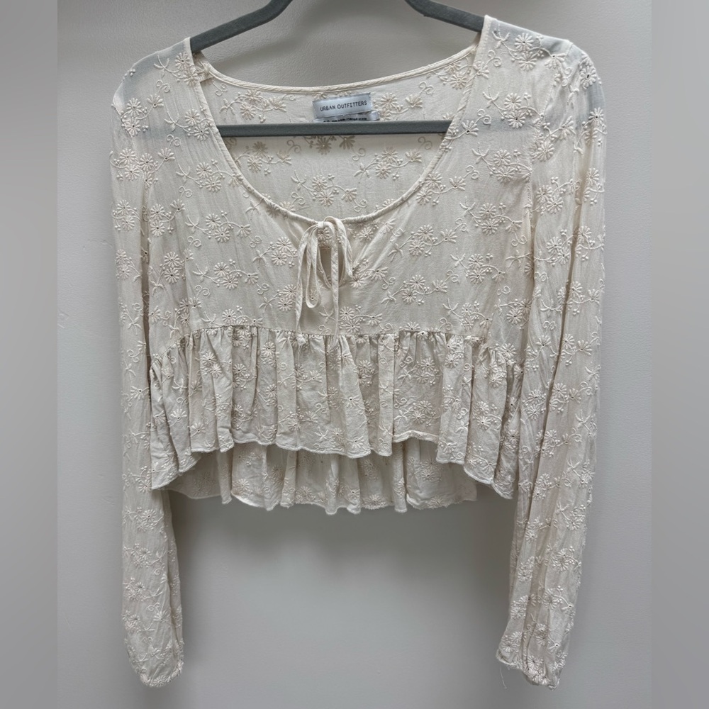 Urban Outfitters Embroidered Ivory Floral Blouse
